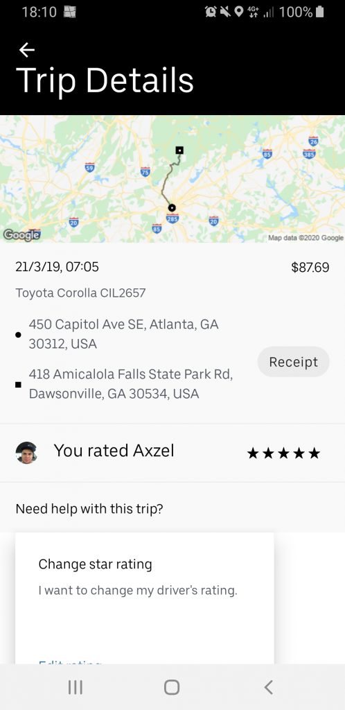 Uber Receipt from Altlanta to Amicalola Falls State Park